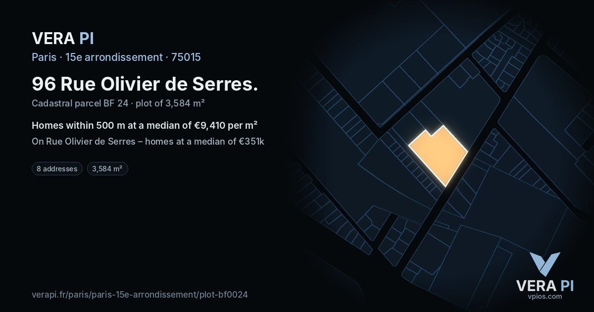 96 Rue Olivier de Serres, 15e arrondissement at night – the plot lit, the parcels around coloured by the prices near them
