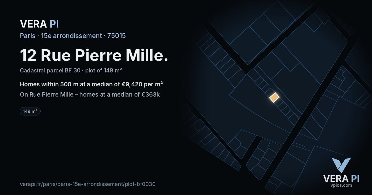 12 Rue Pierre Mille, 15e arrondissement at night – the plot lit, the parcels around coloured by the prices near them