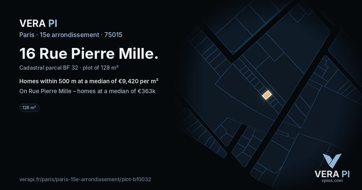 16 Rue Pierre Mille, 15e arrondissement at night – the plot lit, the parcels around coloured by the prices near them