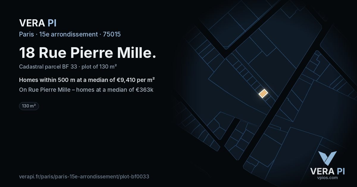 18 Rue Pierre Mille, 15e arrondissement at night – the plot lit, the parcels around coloured by the prices near them