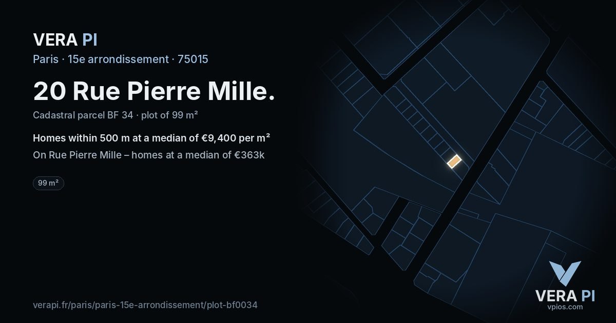 20 Rue Pierre Mille, 15e arrondissement at night – the plot lit, the parcels around coloured by the prices near them