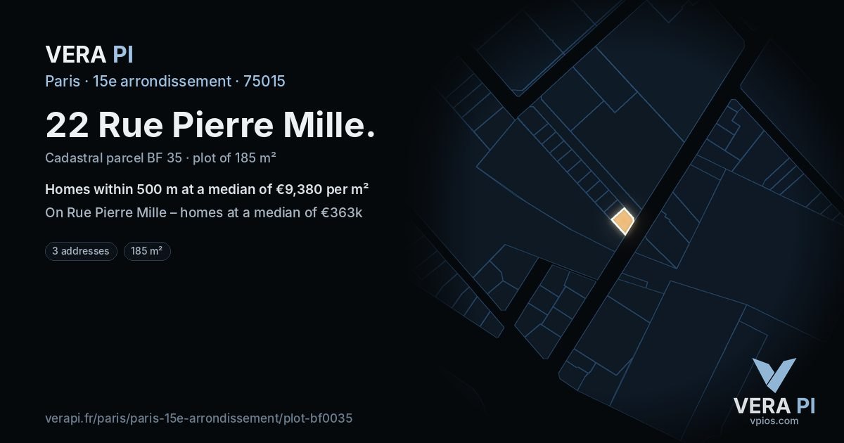 22 Rue Pierre Mille, 15e arrondissement at night – the plot lit, the parcels around coloured by the prices near them