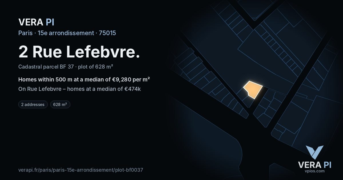 2 Rue Lefebvre, 15e arrondissement at night – the plot lit, the parcels around coloured by the prices near them