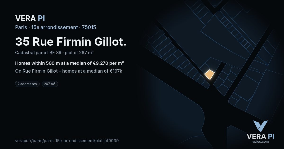 35 Rue Firmin Gillot, 15e arrondissement at night – the plot lit, the parcels around coloured by the prices near them