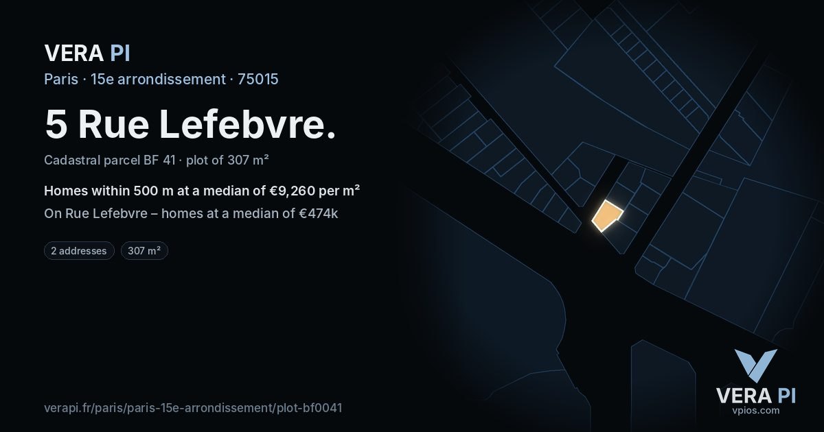 5 Rue Lefebvre, 15e arrondissement at night – the plot lit, the parcels around coloured by the prices near them