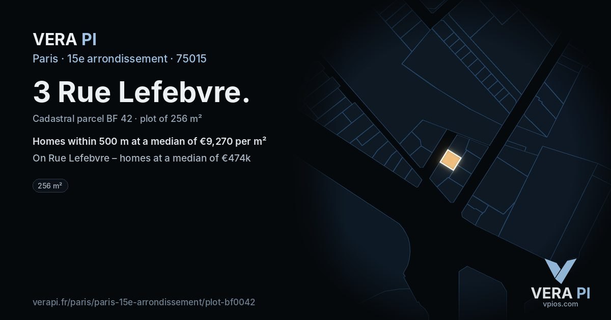 3 Rue Lefebvre, 15e arrondissement at night – the plot lit, the parcels around coloured by the prices near them
