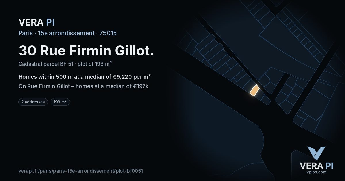 30 Rue Firmin Gillot, 15e arrondissement at night – the plot lit, the parcels around coloured by the prices near them