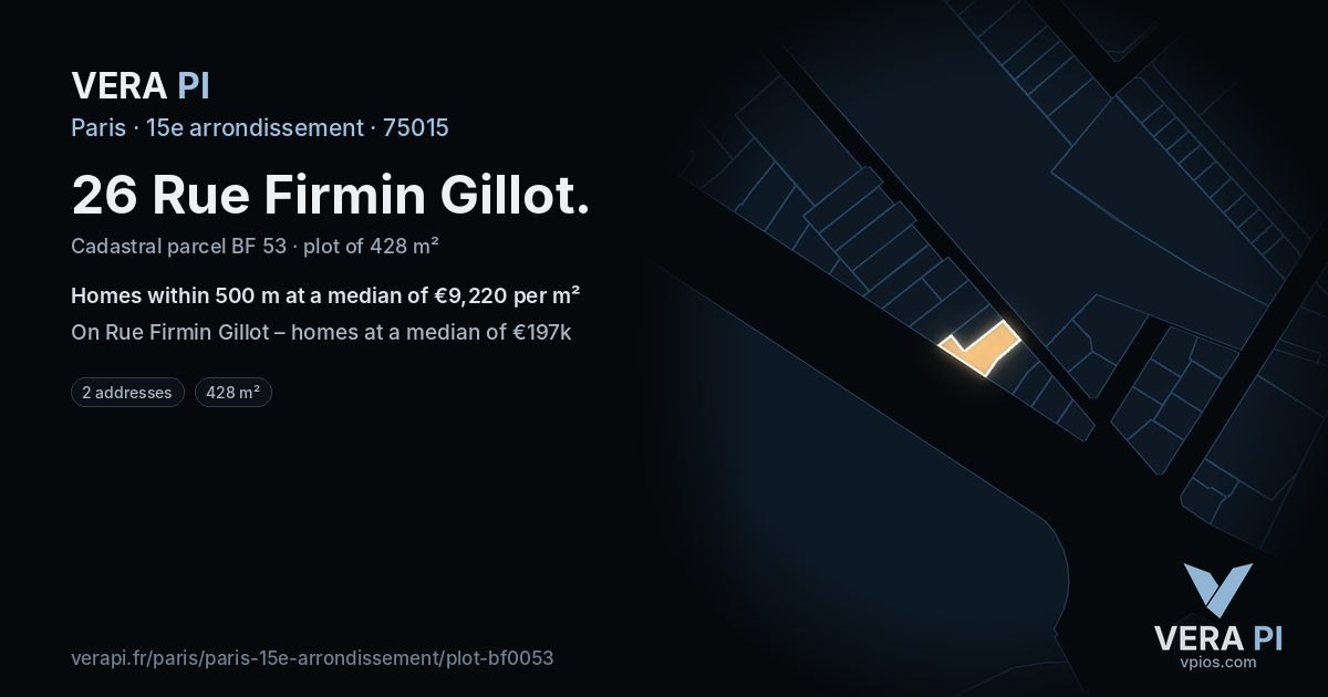 26 Rue Firmin Gillot, 15e arrondissement at night – the plot lit, the parcels around coloured by the prices near them