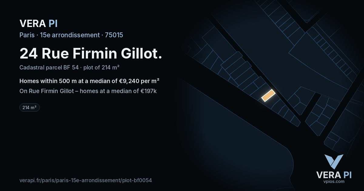 24 Rue Firmin Gillot, 15e arrondissement at night – the plot lit, the parcels around coloured by the prices near them