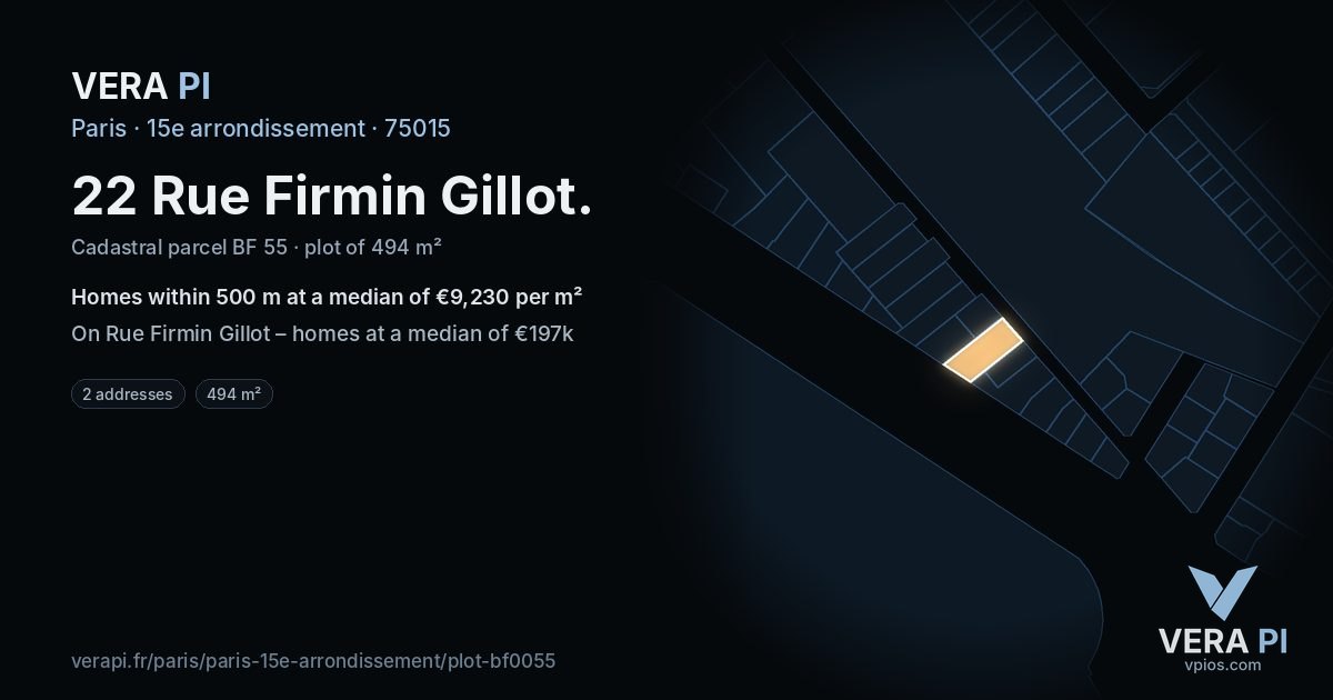 22 Rue Firmin Gillot, 15e arrondissement at night – the plot lit, the parcels around coloured by the prices near them