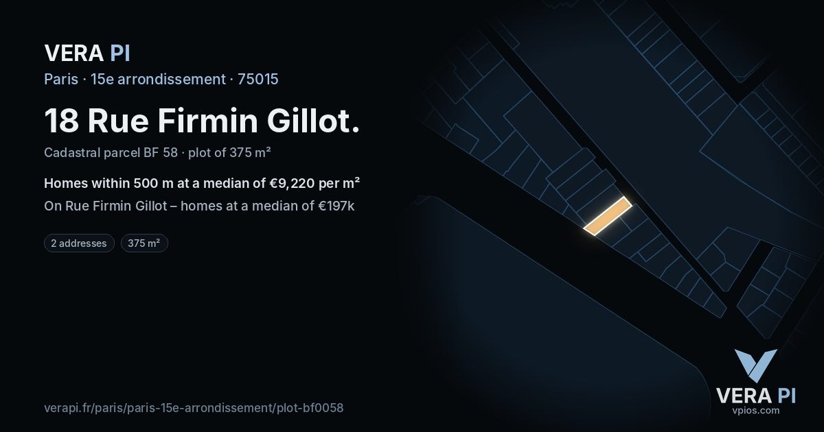 18 Rue Firmin Gillot, 15e arrondissement at night – the plot lit, the parcels around coloured by the prices near them