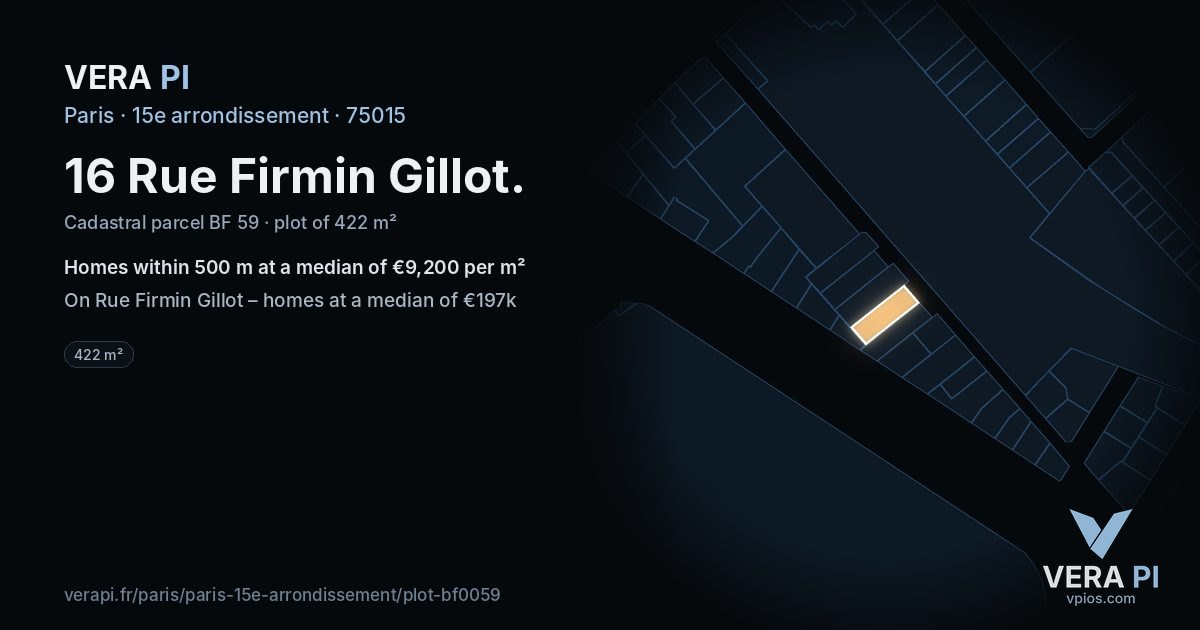 16 Rue Firmin Gillot, 15e arrondissement at night – the plot lit, the parcels around coloured by the prices near them
