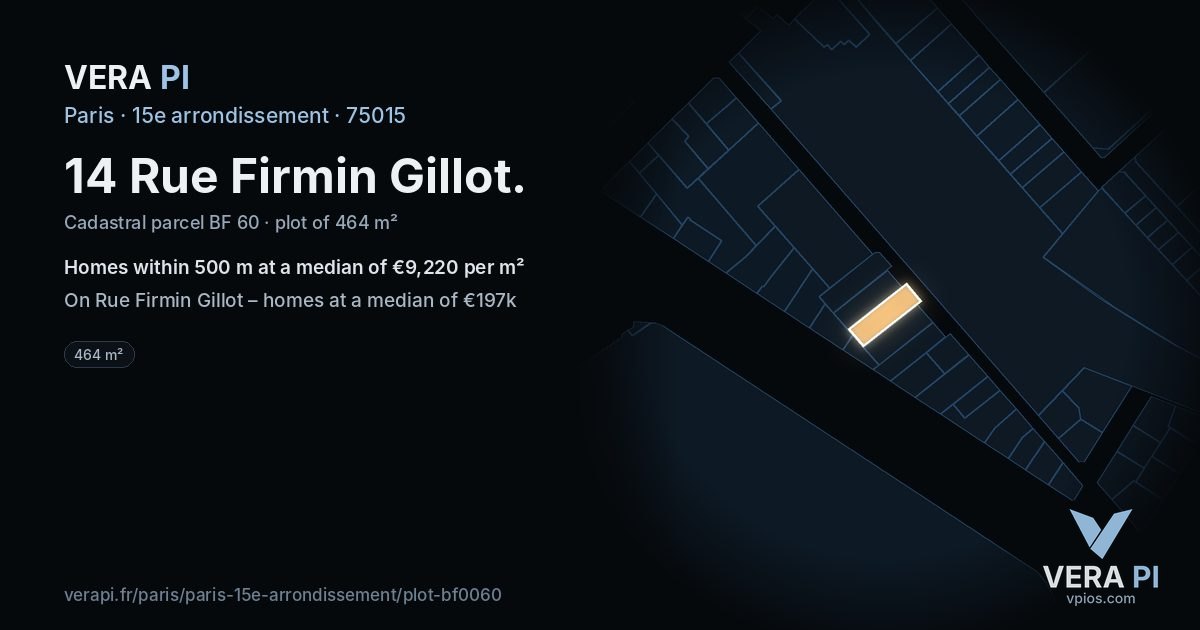 14 Rue Firmin Gillot, 15e arrondissement at night – the plot lit, the parcels around coloured by the prices near them