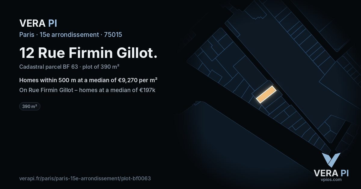 12 Rue Firmin Gillot, 15e arrondissement at night – the plot lit, the parcels around coloured by the prices near them