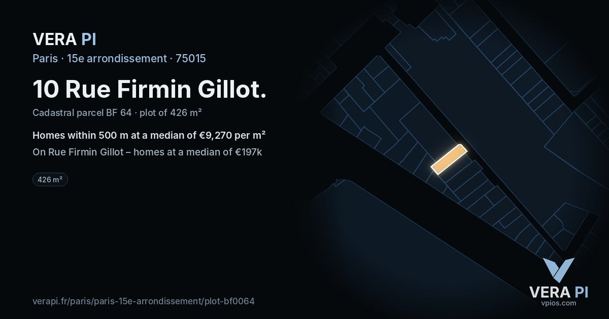 10 Rue Firmin Gillot, 15e arrondissement at night – the plot lit, the parcels around coloured by the prices near them