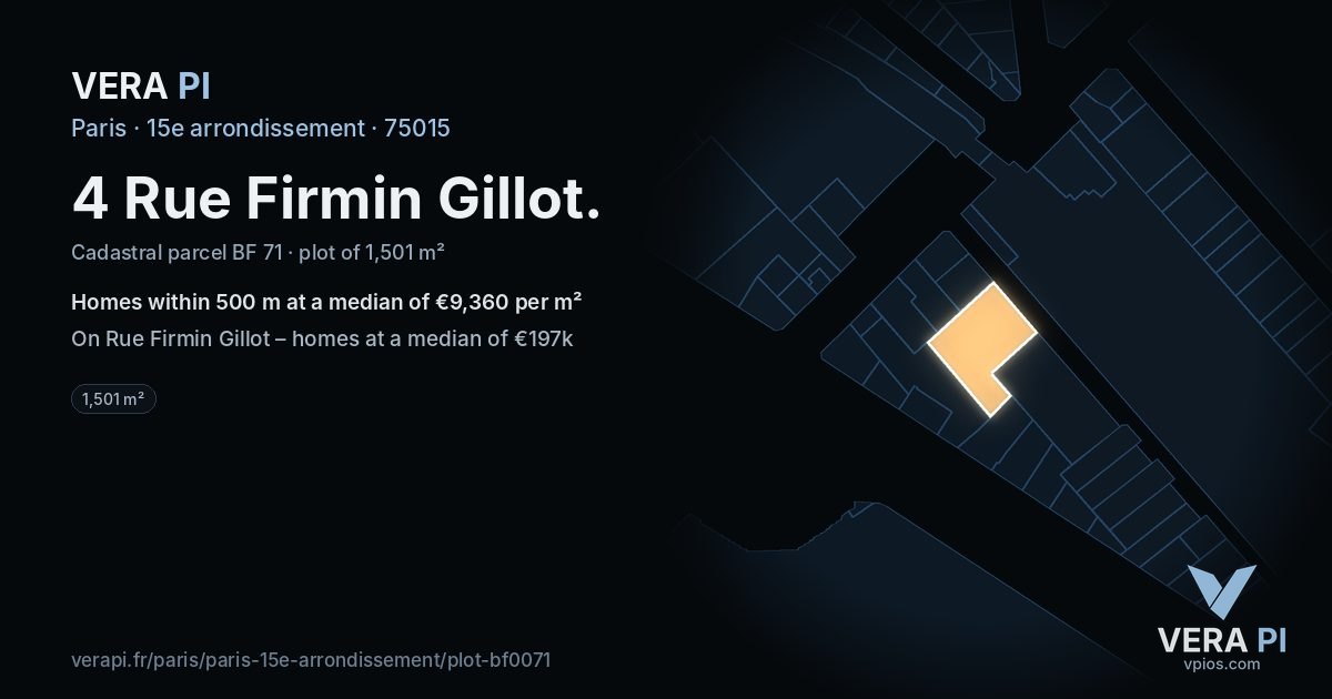 4 Rue Firmin Gillot, 15e arrondissement at night – the plot lit, the parcels around coloured by the prices near them