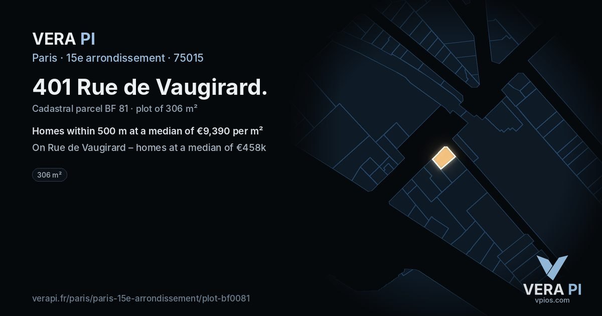 401 Rue de Vaugirard, 15e arrondissement at night – the plot lit, the parcels around coloured by the prices near them