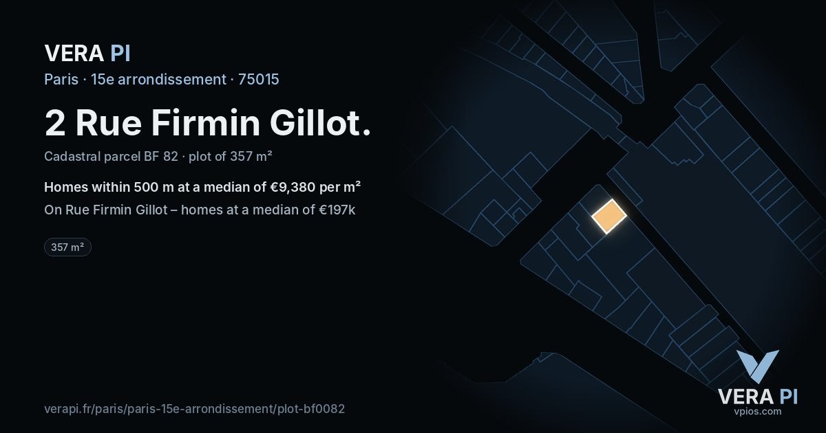 2 Rue Firmin Gillot, 15e arrondissement at night – the plot lit, the parcels around coloured by the prices near them