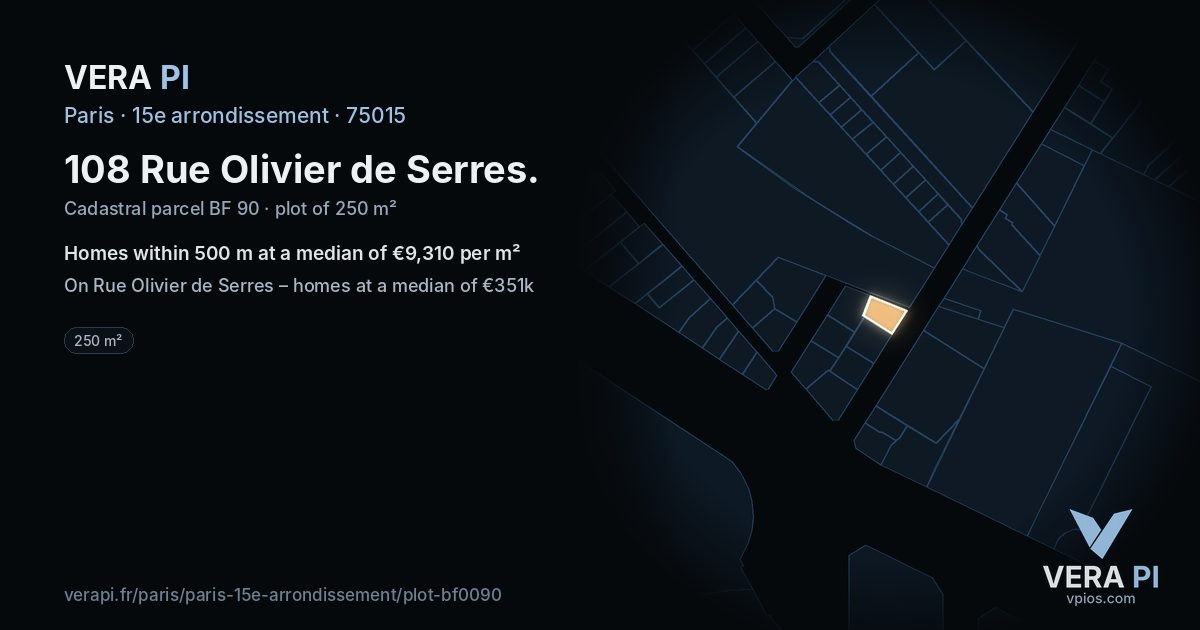 108 Rue Olivier de Serres, 15e arrondissement at night – the plot lit, the parcels around coloured by the prices near them