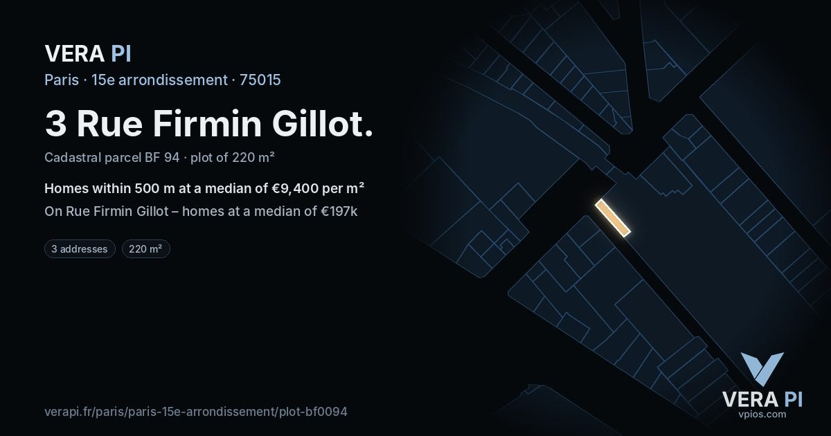 3 Rue Firmin Gillot, 15e arrondissement at night – the plot lit, the parcels around coloured by the prices near them