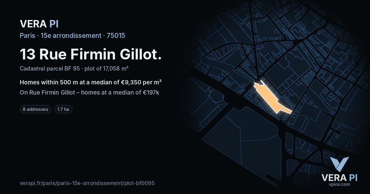 13 Rue Firmin Gillot, 15e arrondissement at night – the plot lit, the parcels around coloured by the prices near them