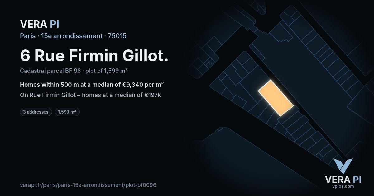 6 Rue Firmin Gillot, 15e arrondissement at night – the plot lit, the parcels around coloured by the prices near them