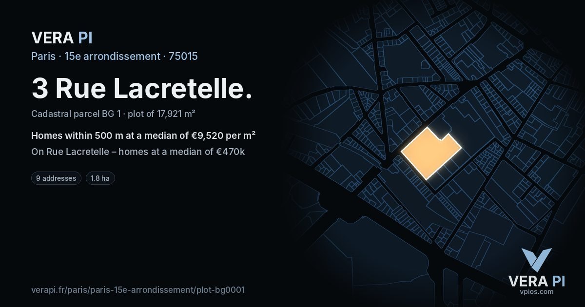 3 Rue Lacretelle, 15e arrondissement at night – the plot lit, the parcels around coloured by the prices near them
