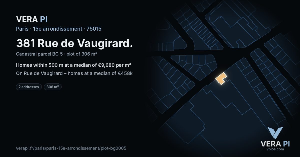 381 Rue de Vaugirard, 15e arrondissement at night – the plot lit, the parcels around coloured by the prices near them