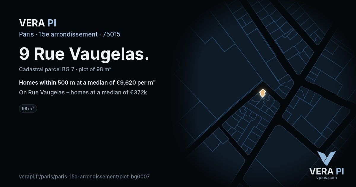 9 Rue Vaugelas, 15e arrondissement at night – the plot lit, the parcels around coloured by the prices near them