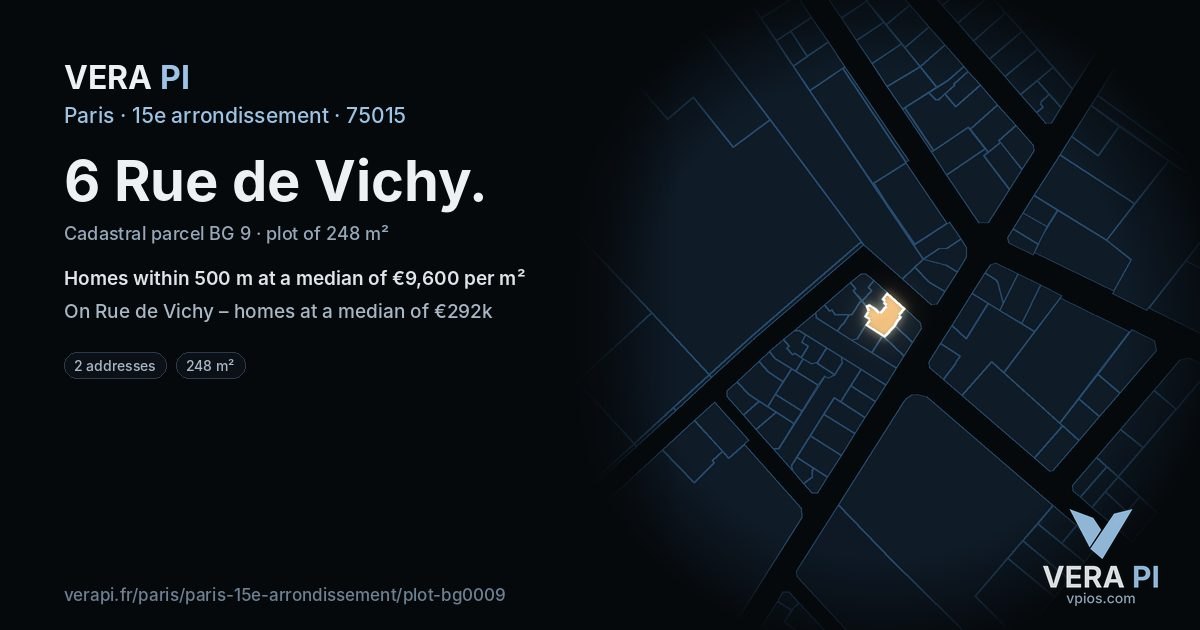 6 Rue de Vichy, 15e arrondissement at night – the plot lit, the parcels around coloured by the prices near them