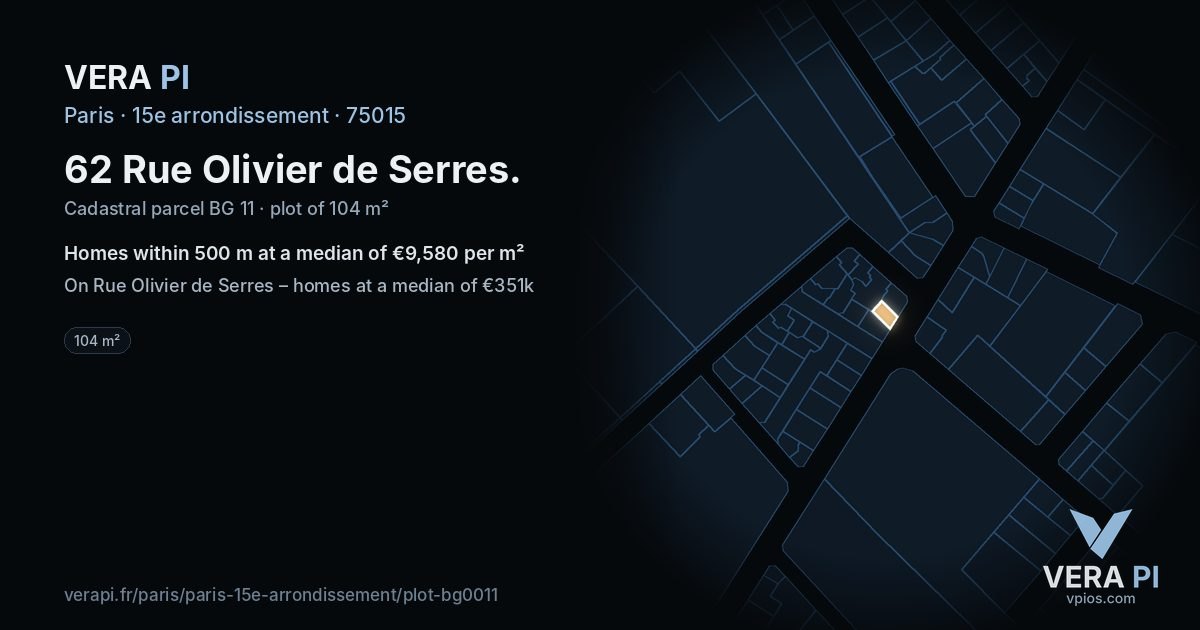 62 Rue Olivier de Serres, 15e arrondissement at night – the plot lit, the parcels around coloured by the prices near them