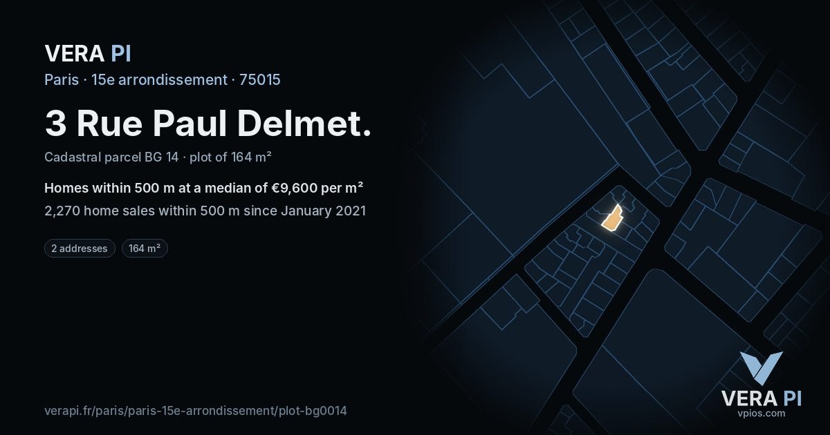 3 Rue Paul Delmet, 15e arrondissement at night – the plot lit, the parcels around coloured by the prices near them