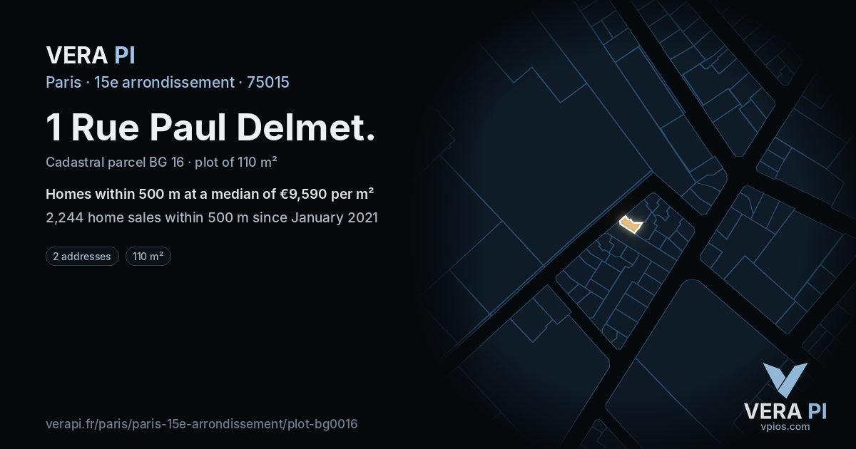 1 Rue Paul Delmet, 15e arrondissement at night – the plot lit, the parcels around coloured by the prices near them