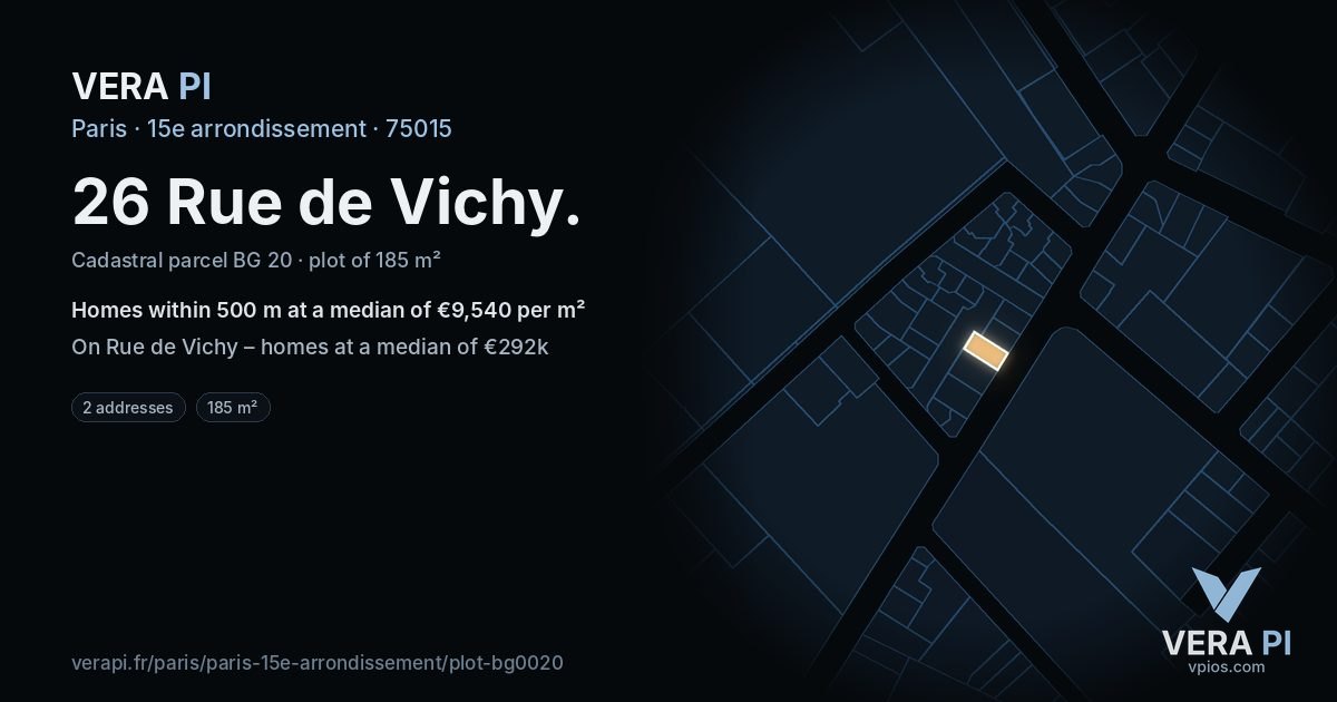 26 Rue de Vichy, 15e arrondissement at night – the plot lit, the parcels around coloured by the prices near them