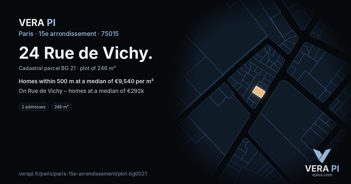 24 Rue de Vichy, 15e arrondissement at night – the plot lit, the parcels around coloured by the prices near them