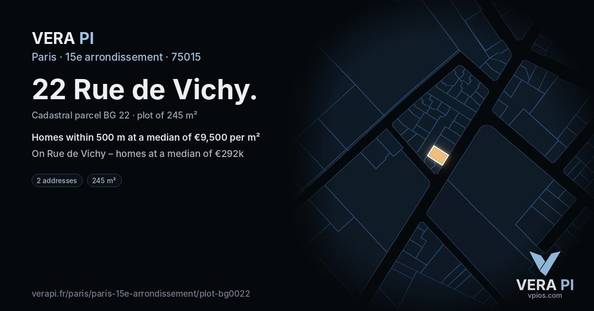 22 Rue de Vichy, 15e arrondissement at night – the plot lit, the parcels around coloured by the prices near them