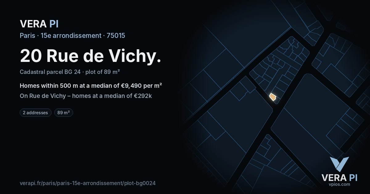20 Rue de Vichy, 15e arrondissement at night – the plot lit, the parcels around coloured by the prices near them