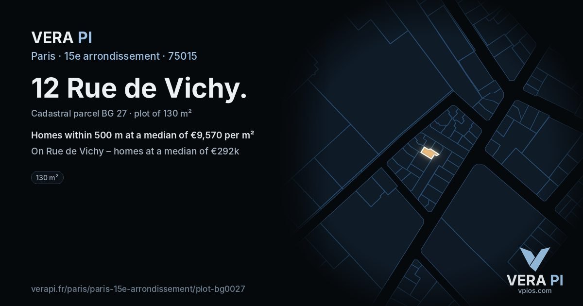 12 Rue de Vichy, 15e arrondissement at night – the plot lit, the parcels around coloured by the prices near them