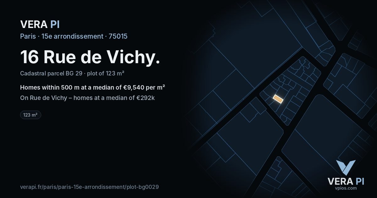 16 Rue de Vichy, 15e arrondissement at night – the plot lit, the parcels around coloured by the prices near them