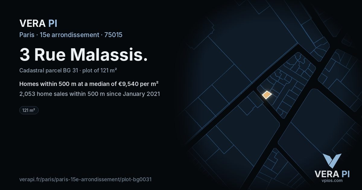 3 Rue Malassis, 15e arrondissement at night – the plot lit, the parcels around coloured by the prices near them