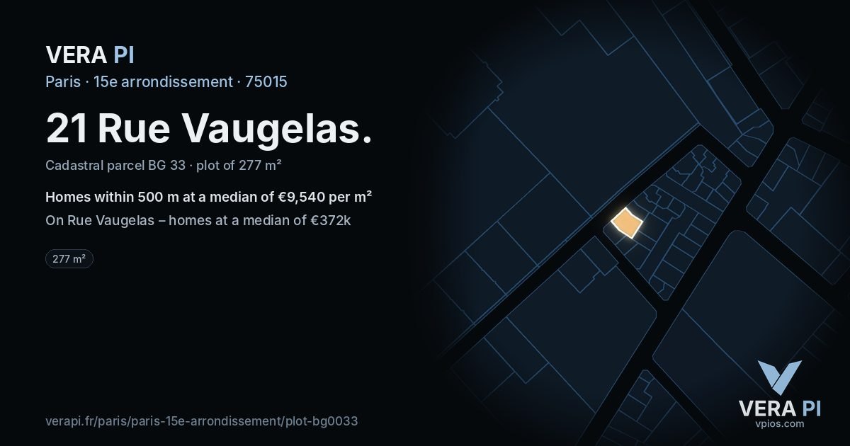 21 Rue Vaugelas, 15e arrondissement at night – the plot lit, the parcels around coloured by the prices near them