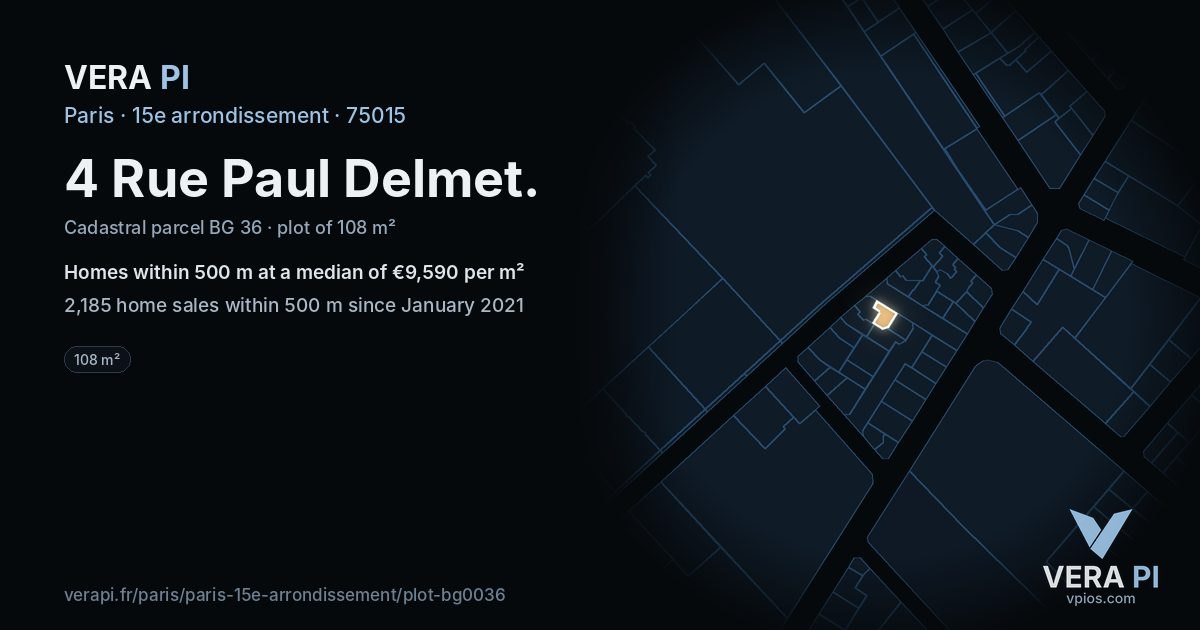 4 Rue Paul Delmet, 15e arrondissement at night – the plot lit, the parcels around coloured by the prices near them