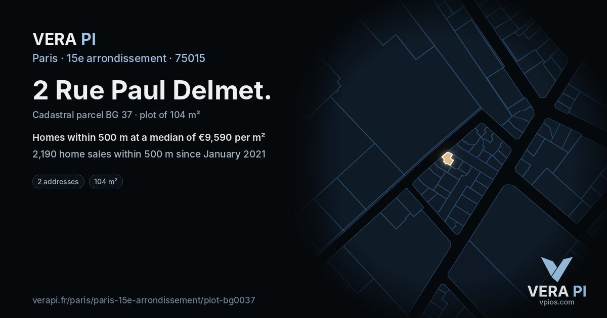 2 Rue Paul Delmet, 15e arrondissement at night – the plot lit, the parcels around coloured by the prices near them