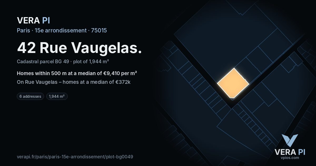 42 Rue Vaugelas, 15e arrondissement at night – the plot lit, the parcels around coloured by the prices near them