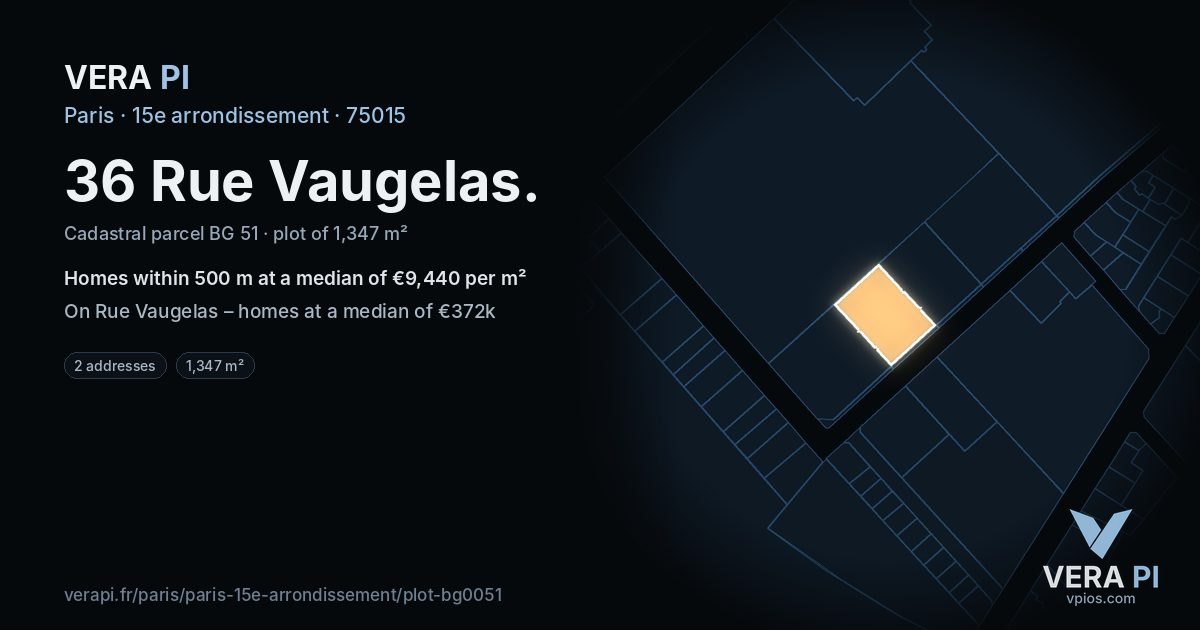36 Rue Vaugelas, 15e arrondissement at night – the plot lit, the parcels around coloured by the prices near them