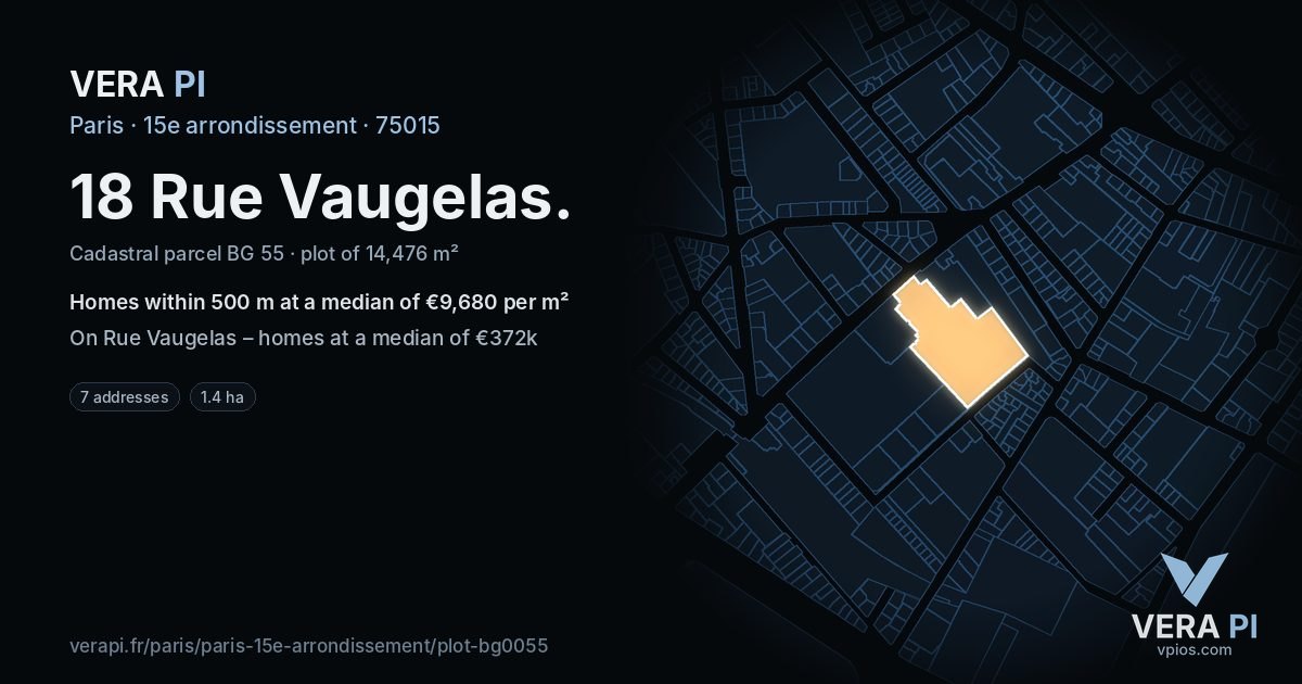18 Rue Vaugelas, 15e arrondissement at night – the plot lit, the parcels around coloured by the prices near them