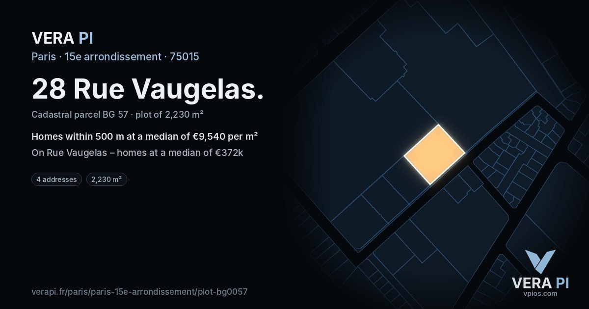 28 Rue Vaugelas, 15e arrondissement at night – the plot lit, the parcels around coloured by the prices near them