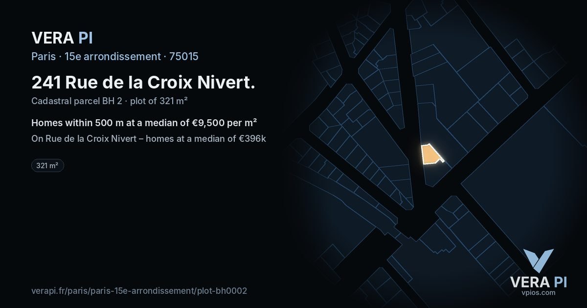 241 Rue de la Croix Nivert, 15e arrondissement at night – the plot lit, the parcels around coloured by the prices near them