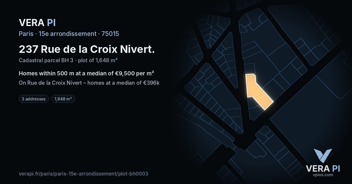 237 Rue de la Croix Nivert, 15e arrondissement at night – the plot lit, the parcels around coloured by the prices near them