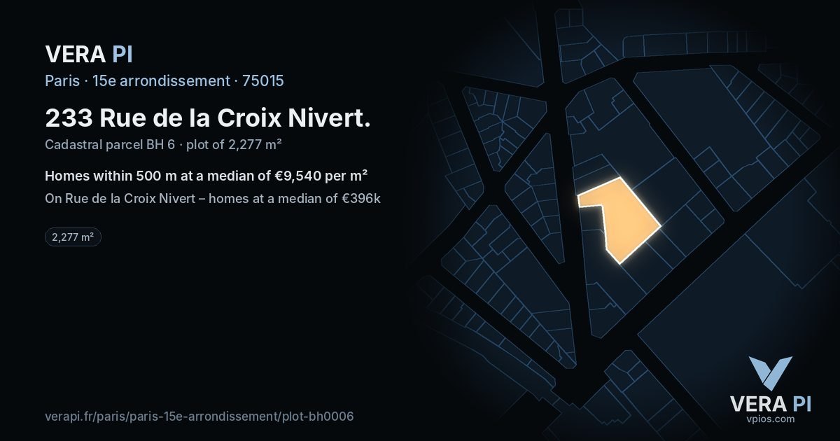 233 Rue de la Croix Nivert, 15e arrondissement at night – the plot lit, the parcels around coloured by the prices near them